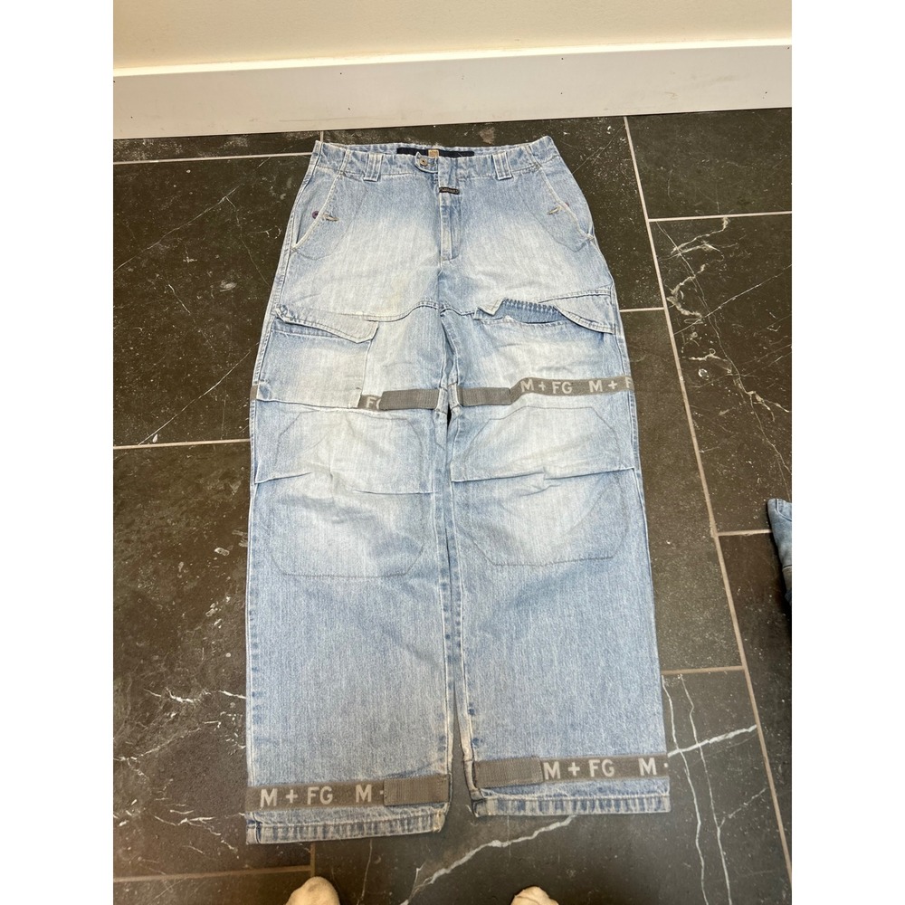 Marithe Francois Girbaud Mens Baggy Cargo Jeans Light Wash M+FG Straps 36M